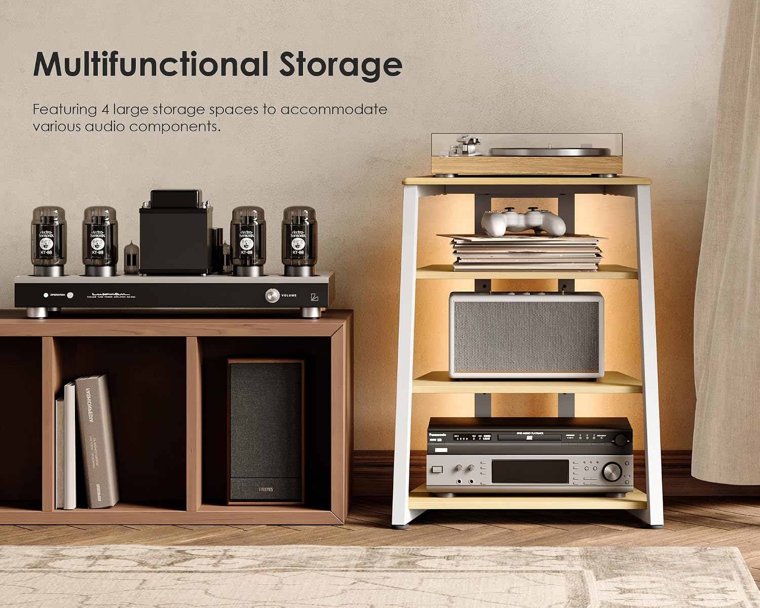 FITUEYES 4-Tier Media Stand with LED Backlight and Power Outlet, Adjustable Shelves, White Oak