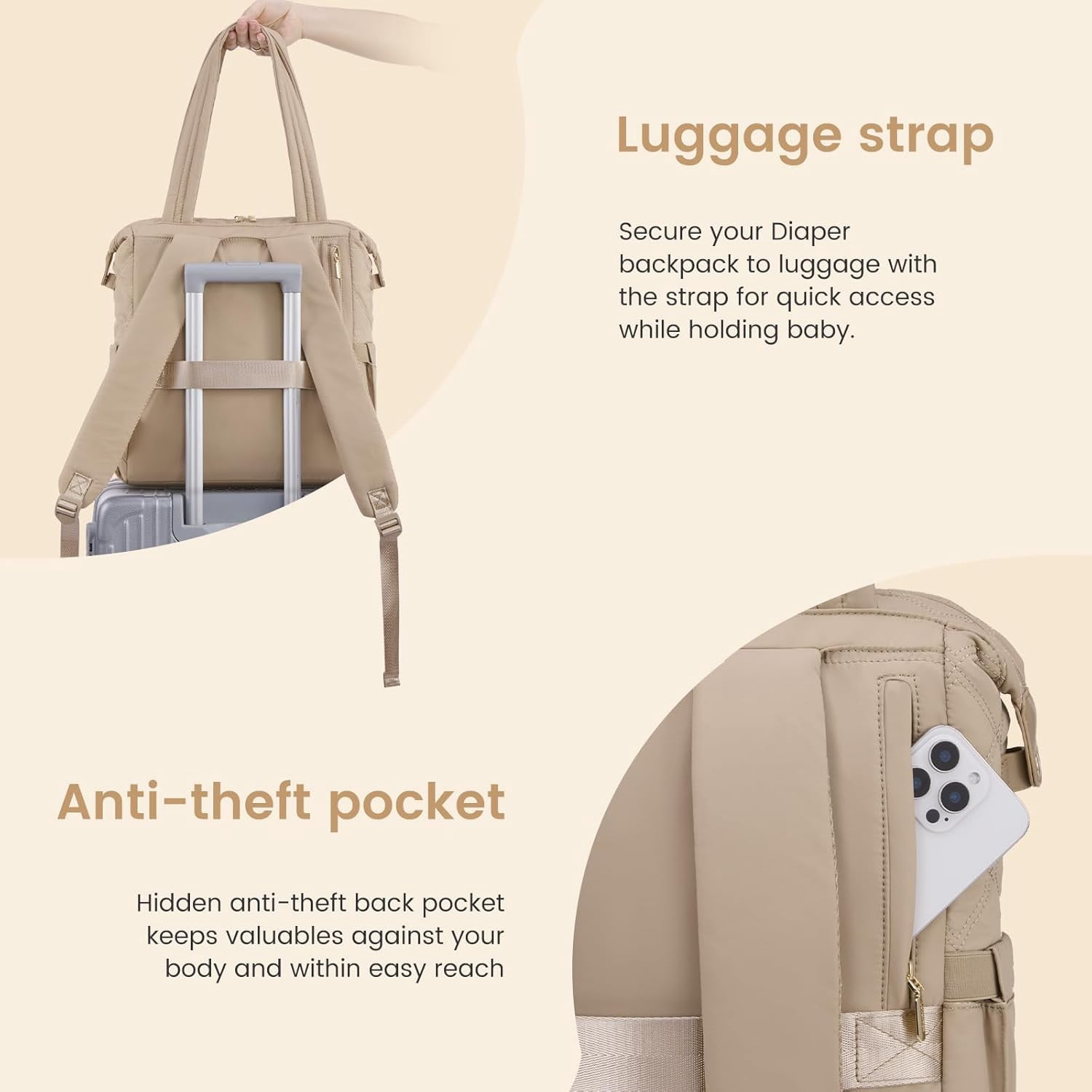 LOVEVOOK Diaper Bag Backpack,Diaper Bag Tote for Mom Dad with Changing Pad,Insulated Pockets, Convertible Lightweight Baby Backpack with Pacifier Case（Khaki）