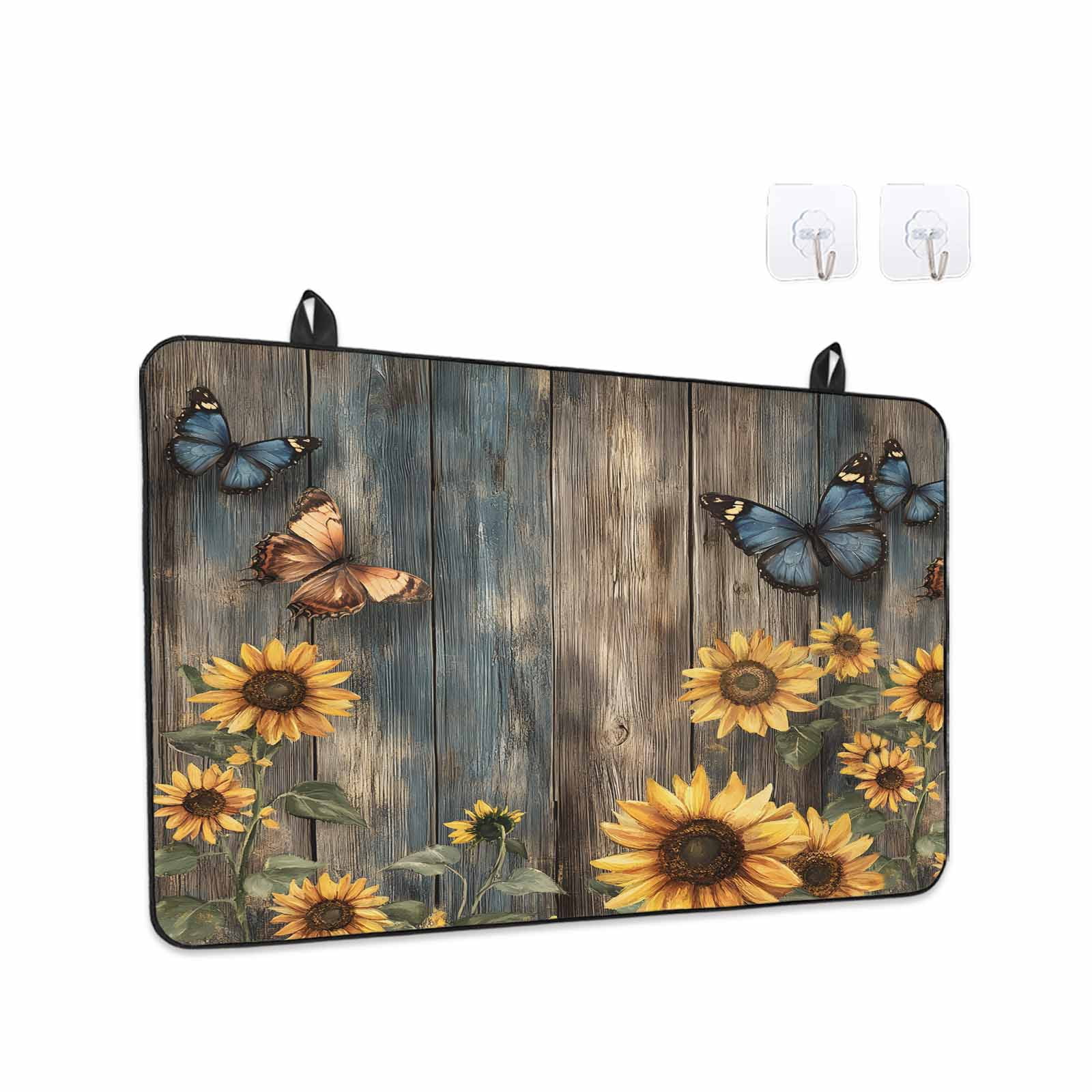 Spring Yellow Sunflower Stove Top Cover for Electric Stove, Heat-proof & Non Slip Glass Top Stove Cover Protector, Butterfly Wood Retro Farmhouse Kitchen Flat Cooktop Rubber Mat 24x21 Inches