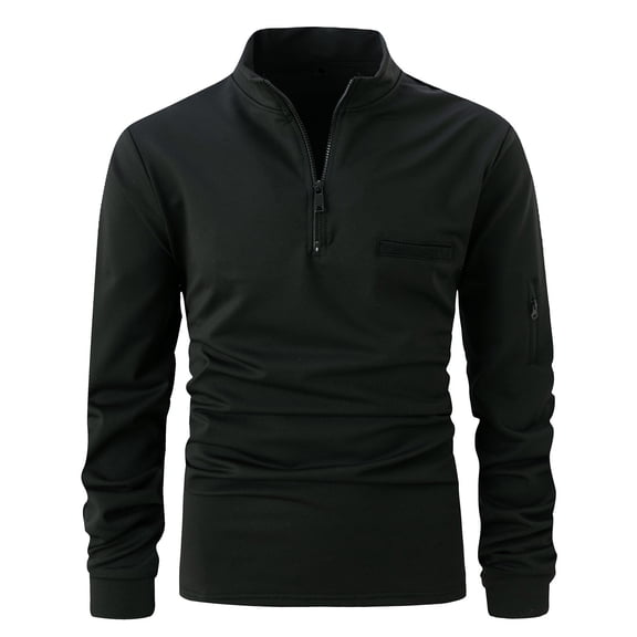 ZCFZJW Mens Sweatshirts Casual Long Sleeve Half Zip up Stand Collar V Neck Pullover Tops Trendy Regular Fit Solid Color Basic Workout T-Shirts with Pocket Black XXXL