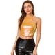 thumbnail image 1 of INSPIRE CHIC Top corto sin mangas elástico con cuello halter brillante y fiesta holográfica para mujer Naranja S, 1 of 6