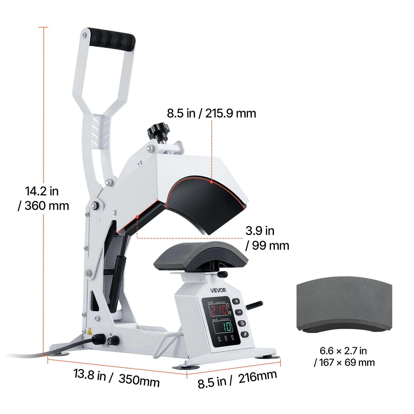 VEVOR Hat Heat Press Machine, 8.5 x 4 in Large Heating Plate, with Caps Stretcher, Precise Temperature & Time Control, Heat Press for Hats and Caps, for HTV Iron On and Sublimation Projects, White