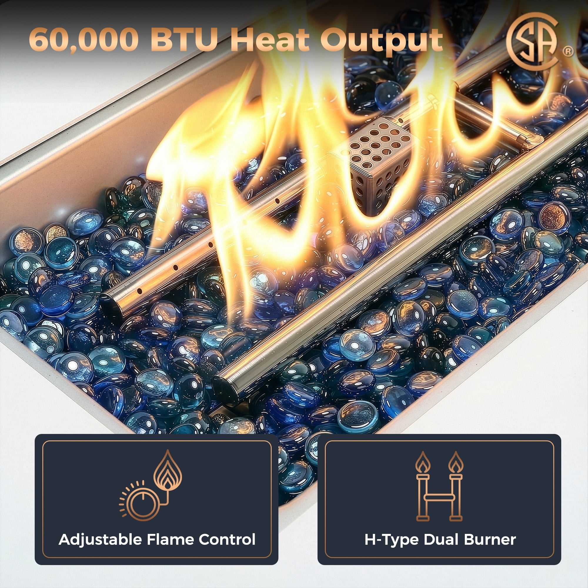 RADIATA 43" Aluminum Propane Fire Pit Table, 60,000 BTU Outdoor Gas Firepit, Rectangle CSA-Certified Patio Fireplace with Wind Guard & Glass Rocks, Rust-Proof White Fire Table for Deck Poolside