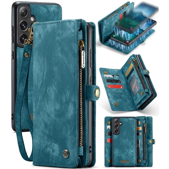 Case for Samsung Galaxy S24 Strong Magnetic Wallet Cover Trifold with Detachable Card Holder TPU PC Handmade Leather Zipper