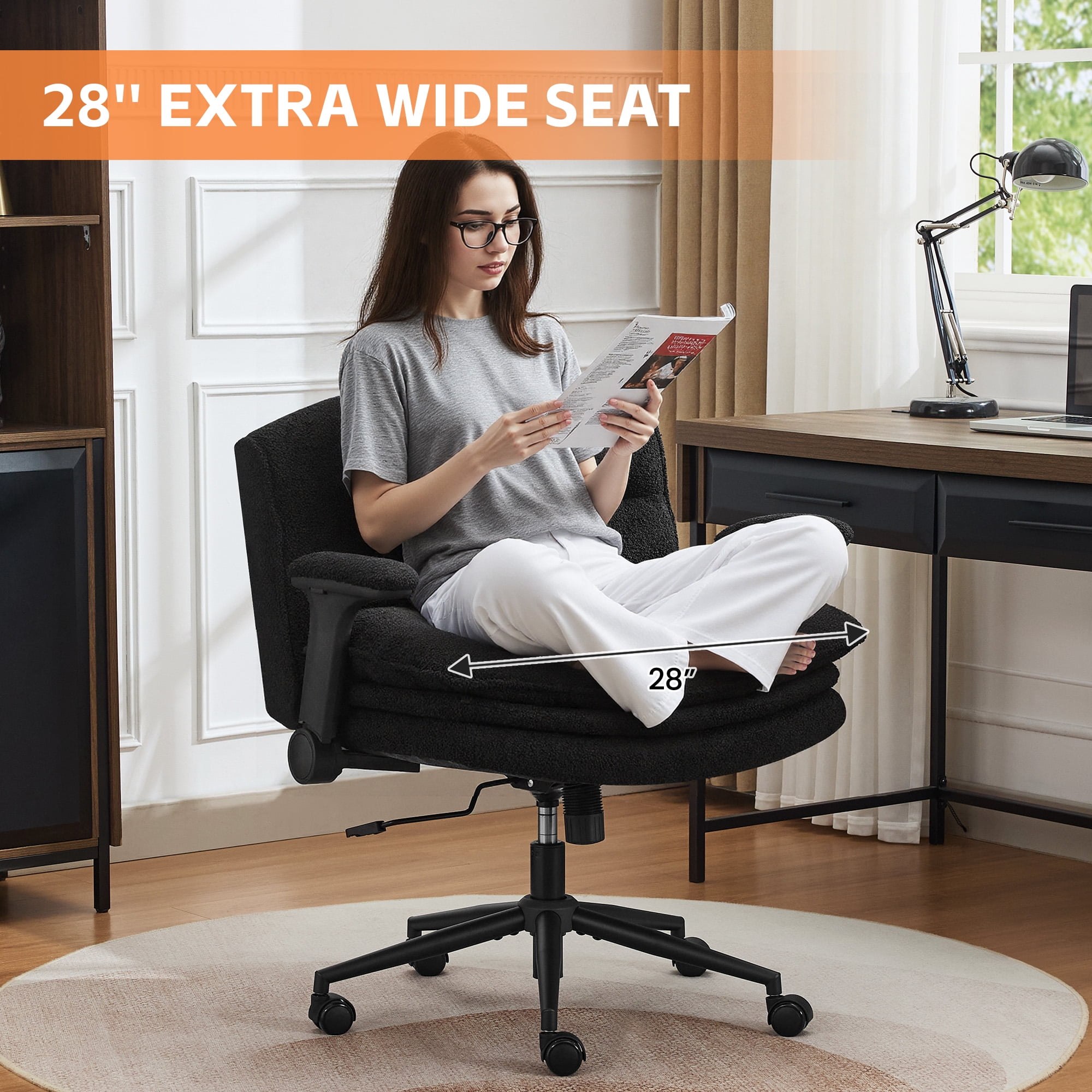 DOMICARE Criss Cross Chair with Flip-Up Arms, Wide Cross-Legged Office Chair with Wheels, Swivel Vanity Desk Chair, Black Boucle