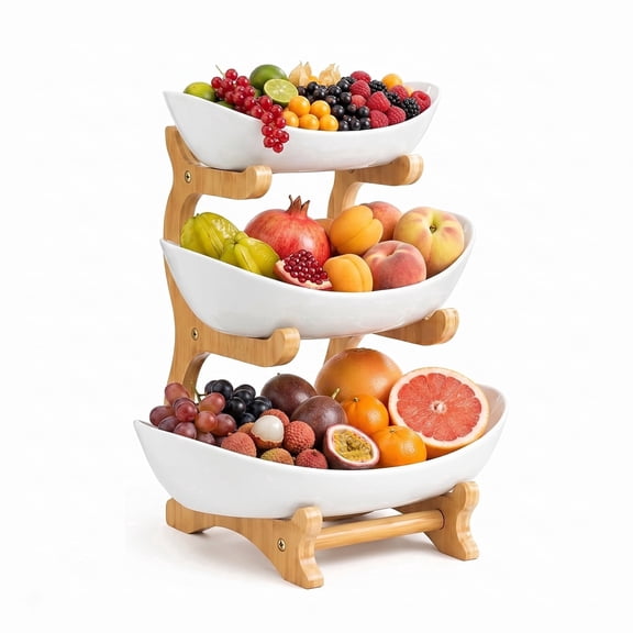 3 Tier Plastic Fruit Bowl With Bamboo Wood Stand, Serving Tray Rack for Fruits, Vegetables, Snacks and Desserts for Home & Events (White)