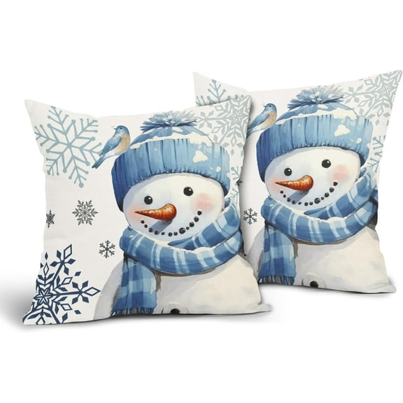 Winter Snowman Snowflake Pillow Covers 18x18 Inch Blue Christmas Throw Pillow Covers Set of 2 Xmas Winter Holiday Pillowcases Cotton Linen Cushion Covers For Couch Bedroom Sofa Chair Car Home Decor