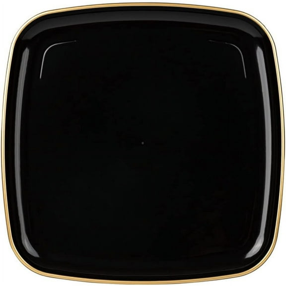 14" inch Disposable Square Black with Gold Rim Plastic Serving Plates, China Like Party Plates, Heavy Duty Dinner Serving Plate, Platter, Weddings, Baby Showers, Catering, Non Toxic (1)