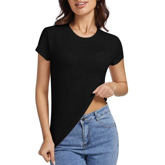 Wyobmus Womens Stretchy T-Shirts Short Sleeve Summer Casual T Shirt Slim Fitted Crew Neck Solid Tunic Blouse Black