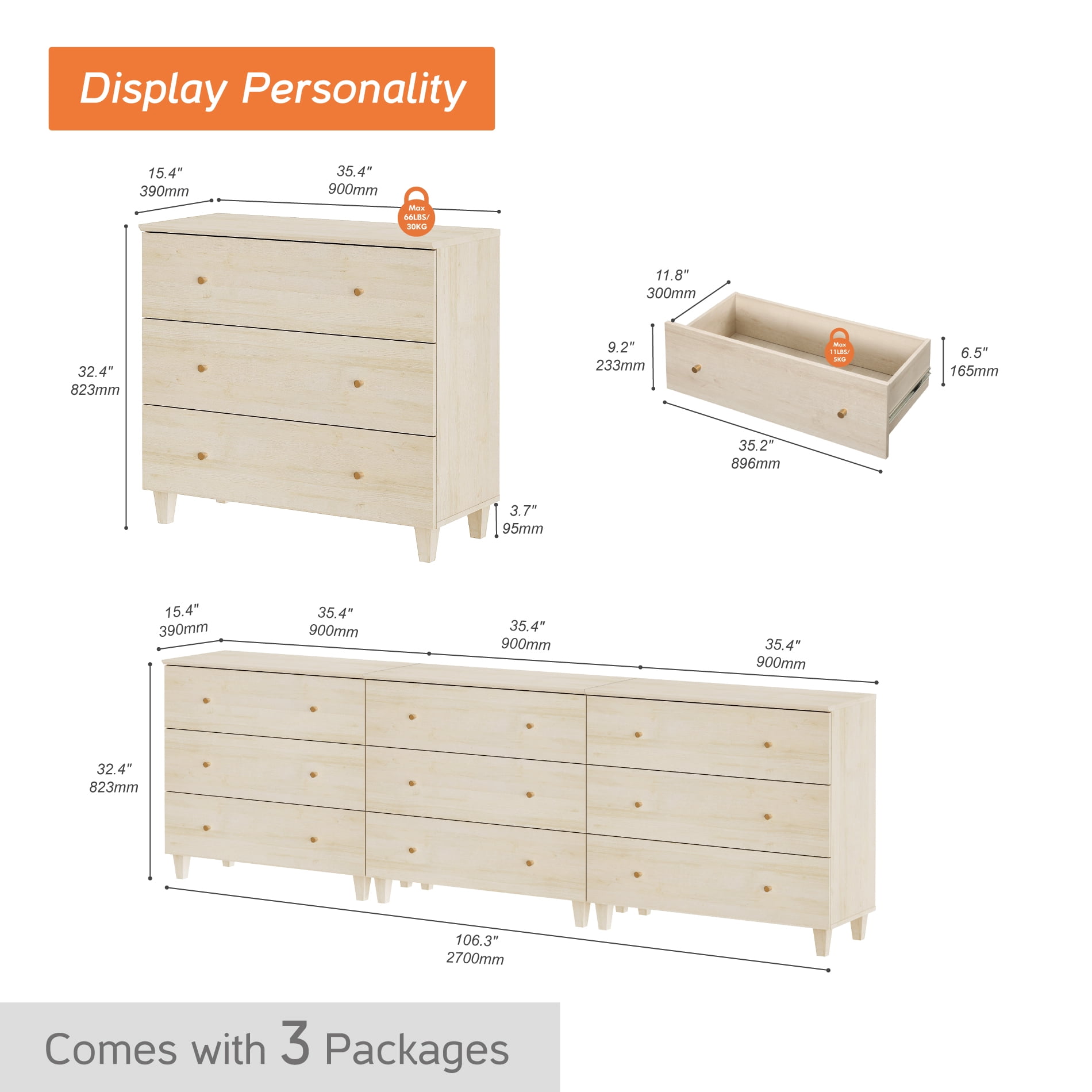 WAMPAT Dresser and Nightstand Set of 4, Wood Dressers with 9 Drawers, Nightstand with Charging Stations for Living Room, Natural Oak