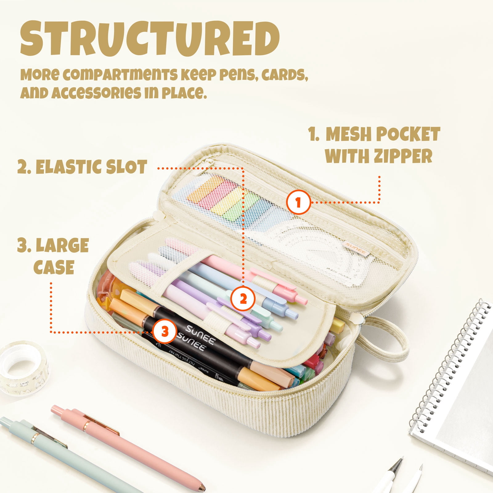 SUNEE Cute Pencil Case, Large Capacity Pencil Pouch Aesthetic Zipper Pencil Bag, Big Storage Pen Organizer for Stationery, Soft Corduroy Pencil Box Back to School Supplies for Teen Girls Boys, Beige