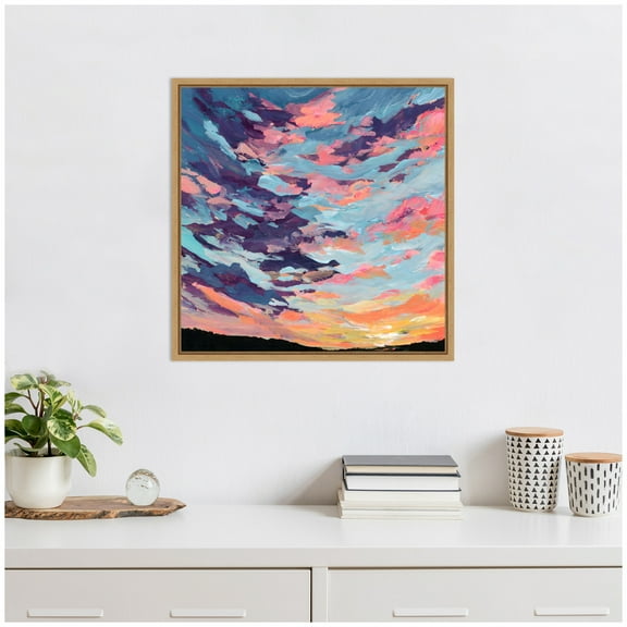 Kate and Laurel Sunset Study Framed Canvas Wall Art by Emily Kenney 22 x 22 Sylvie Natural, Modern Contemporary, Abstract, Beach, Landscapes, Tropical Art for Wall Decor, Living Room Bedroom