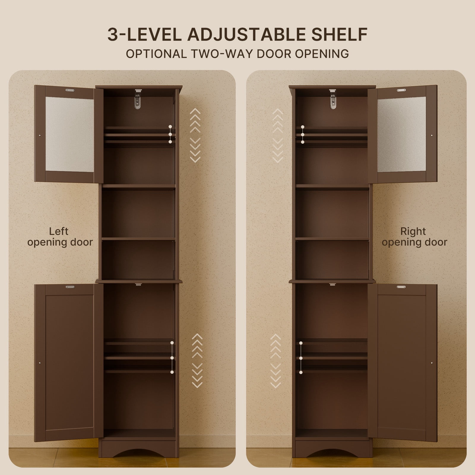 Asofer Tall Bathroom Cabinet, Storage Cabinet with Two-Way Doors, Freestanding Linen Tower, Anti-Tip, Dark Brown