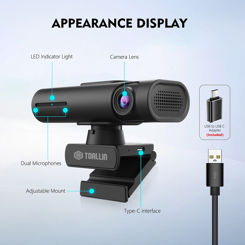 TOALLIN GC90 2K ai Tracking PTZ Webcam, Gesture Control & Dual Noise-Canceling Mics, 95° Wide-angle Lens, USB-A/C ,Plug & Play, Streaming Camera