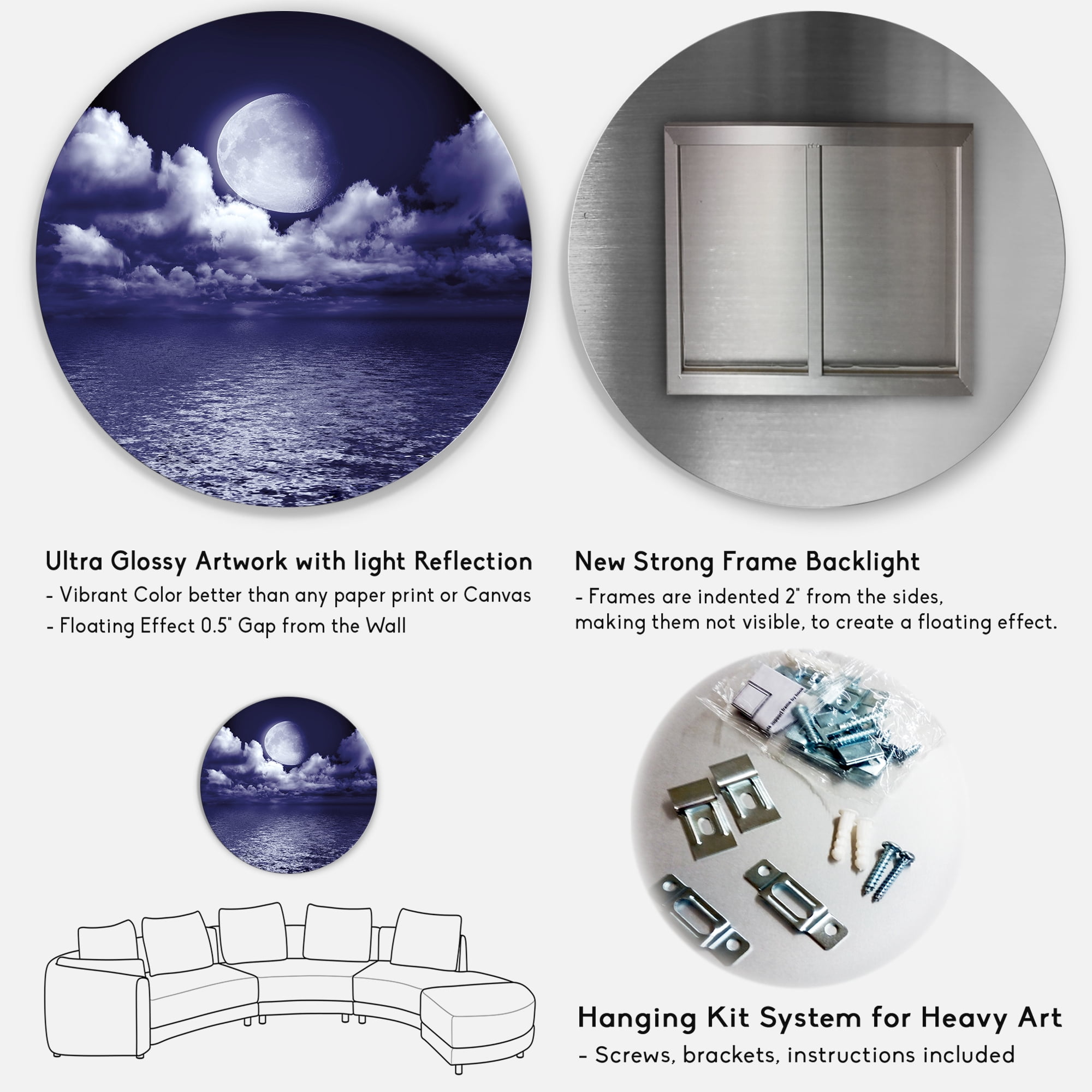 Designart 'Full Moon Night in Cloudy Sky V' Nautical & Coastal Circle Metal Wall Art 23x23 - Disc of 23