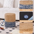 thumbnail image 3 of IVV 14in Round Pouf, Contemporary Upholstered Footstool in Natural and Blue, Boho Style Water Hyacinth Hand Weaving Pouffe Sitting Stool, for the Living Room, Bedroom and Kids Room, 3 of 6