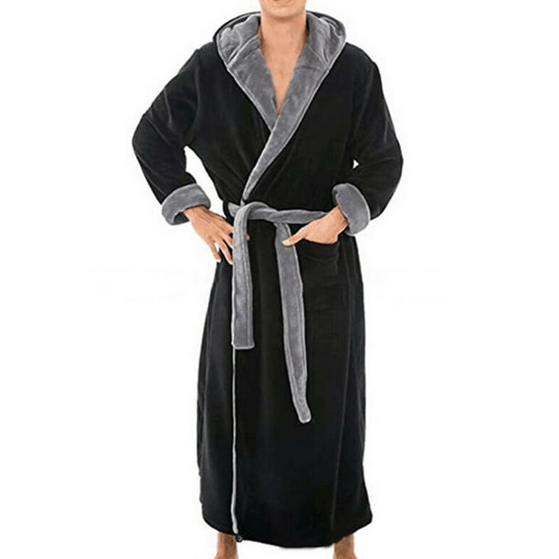 Innerwin Dressing Gown Solid Color Men Wrap Robe Home Hooded Thicken