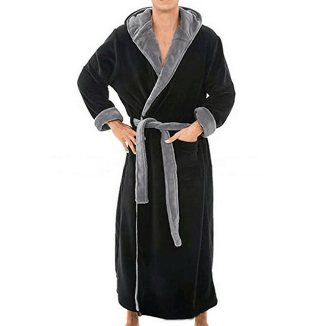 UKAP Men Bath Robes Hooded Wrap Robe Solid Color Dressing Gown Thermal Sleeping Nightwear Black Gray 4XL