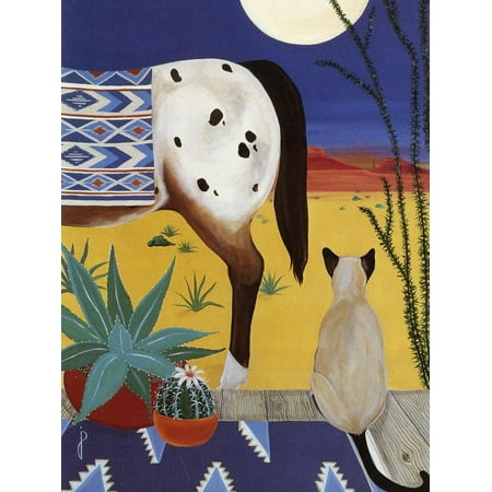 Southwest Inlay - Thoughts on a Desert Moon Southwest Southwestern Style Cat and Horse Painting Print Wall Art By Jan Panico