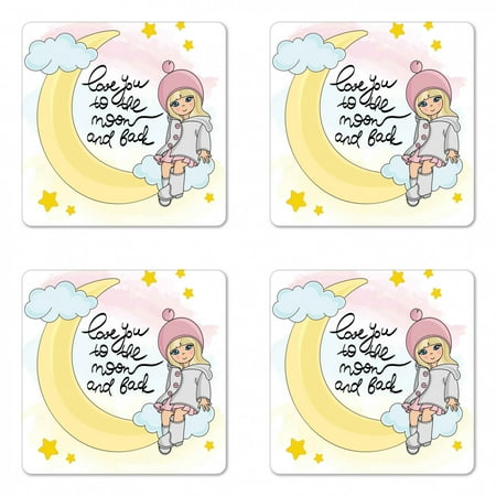 

Saying Coaster Set of 4 Cartoonish Drawn Girl on Crescent Love You to the Moon and Back Typography Square Hardboard Gloss Coasters Standard Size Multicolor by Ambesonne