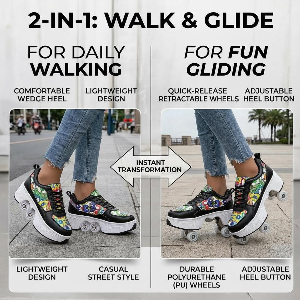 CZV Women's & Teens Graffiti Print Four-Wheel Convertible Roller Skate Shoes,2-in-1 Roller Skates & Sneakers Unisex Retractable Wheels Indoor Outdoor Fun & Fitness Kick Roller Shoes
