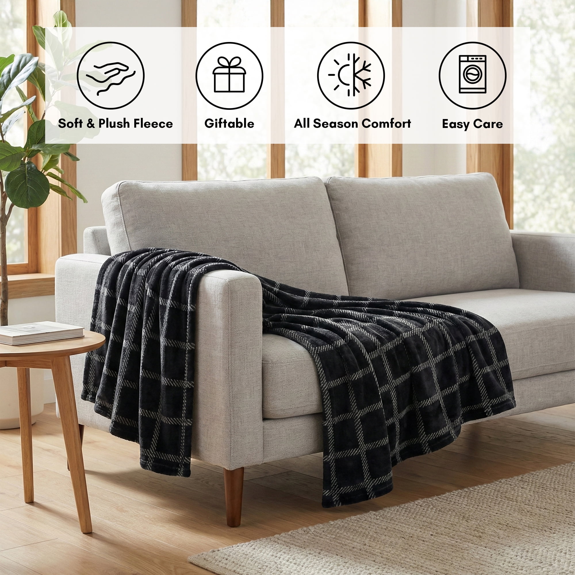 Fleece Throw Blanket - 50x60 Inch - Modern Dash Windowpane Design - Ultra Soft Warmth - Black