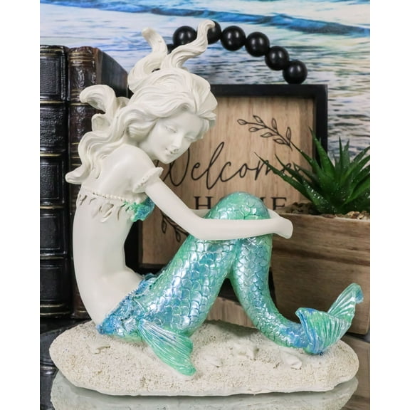 Nautical Capiz Blue Tailed Siren Mermaid Ariel Sitting On Sea Floor Statue Decor