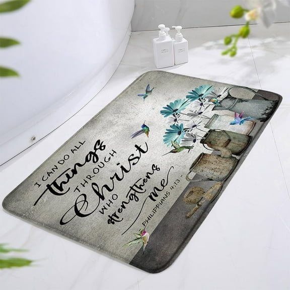 Teal Floral Bird Bath Mats Daisy Flower Hummingbird Bathroom Rug Inspirational Quote Motivational Words Rustic Farmhouse Plant Country Turquoise Blue Bedroom Kitchen Indoor Floor Carpet 16x24 in