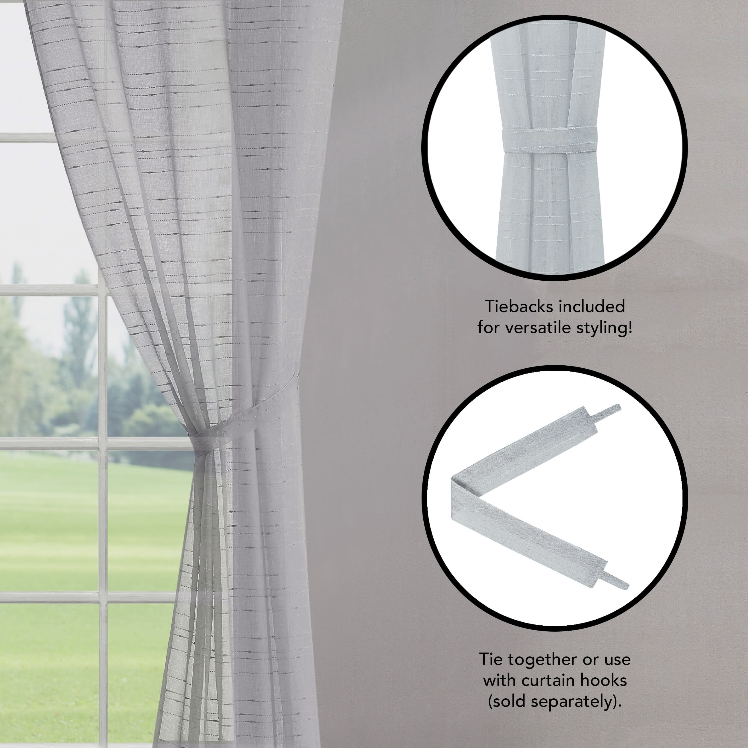 Light Gray Sheer Window Curtain Pair w Tiebacks, 38x96, Rosemary