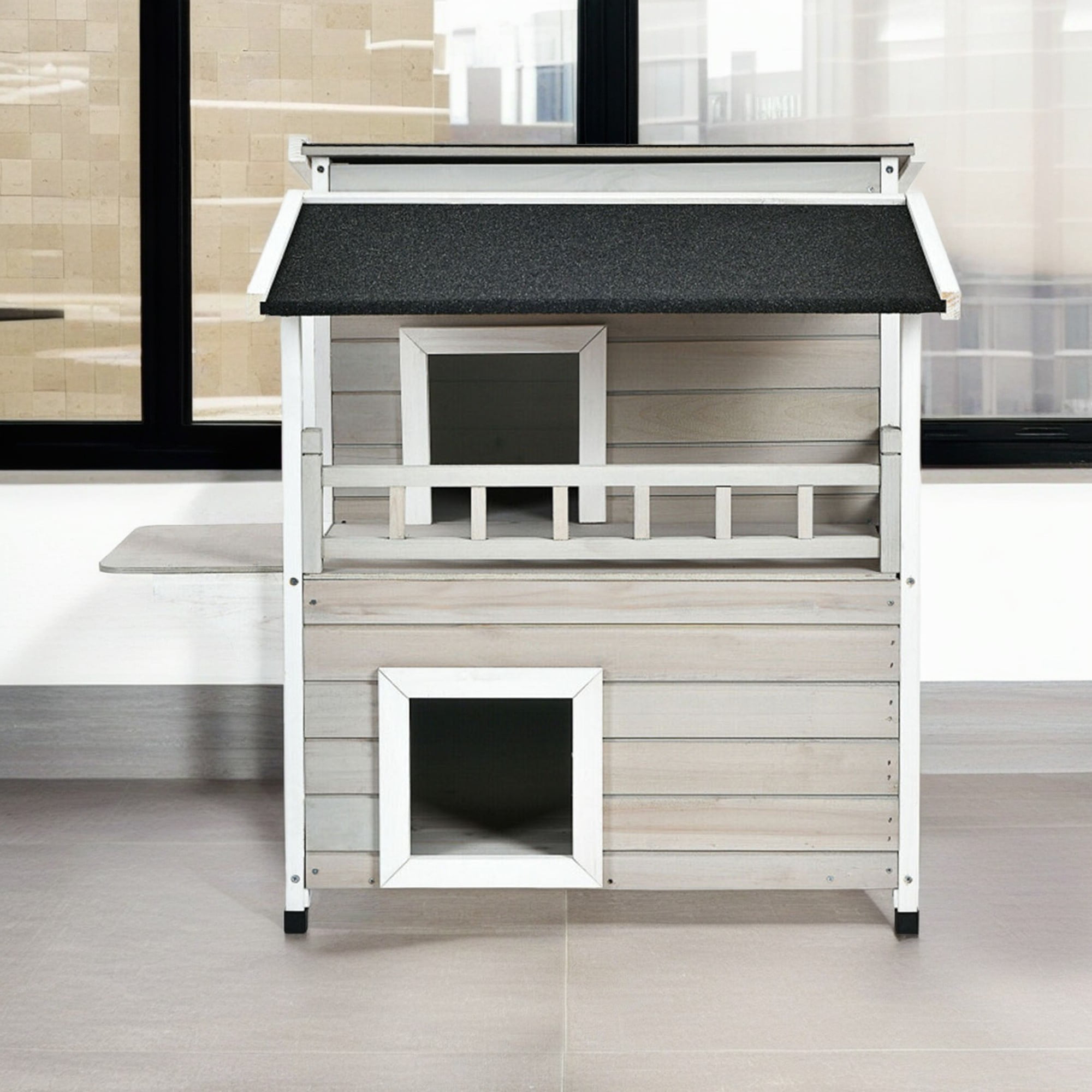 resenkos 36" Wooden Cat House with Large Balcony, Cat Condo Shelter Catio for Small Medium Cats, 2-Story Patio Cat Shelter, Gray