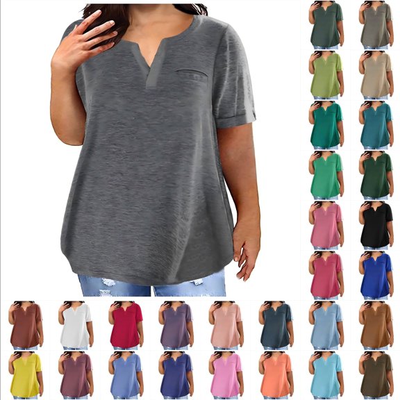 Summer Tops Women Mgmyaa Plus Size Tops for Women Fashion V-Neck Blouse Casual Loose Fit Summer Short Sleeve Tees Blouse