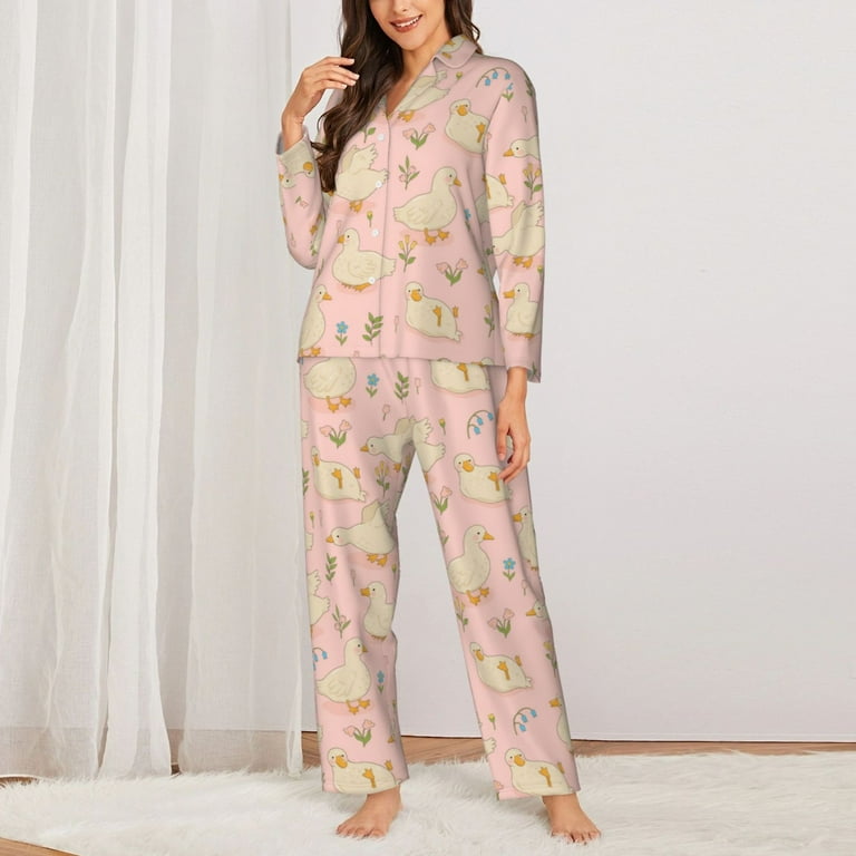 Pajamas for Women Set Cartoon Cute Duck Flower Pink Soft Comfy Long Sleeve Button Up Pajama Sets for Women 2 Piece Sleepwear Nightwear Pjs Lounge Sets for Women with Pockets Walmart