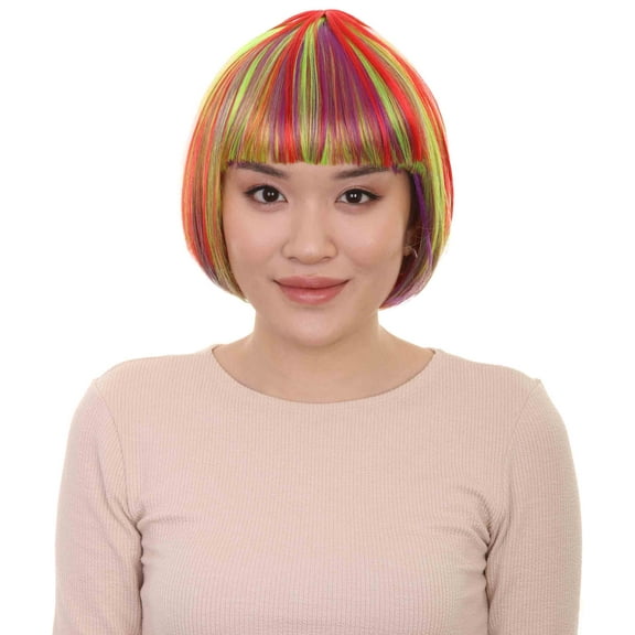 HPO Adult Womens Rainbow Bob Wig | Colorful Party Ready Fancy Cosplay Halloween Wigs | Premium Breathable Capless Cap, Synthetic Fiber