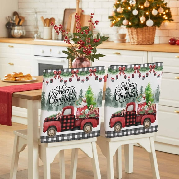 Christmas Trucks Chair Covers Set of 1 Xmas Car with Gifts Plaid Retro Tree Forest Chair Back Covers Stretch Removable Washable Slipcovers Protector for Dining Room Kitchen Party Decor