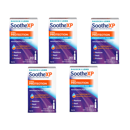 Bausch & Lomb Soothe XP Xtra Protection Preservative Free Lubricant Eye Drops, 30 Single-Use Vials Each - Pack of 5