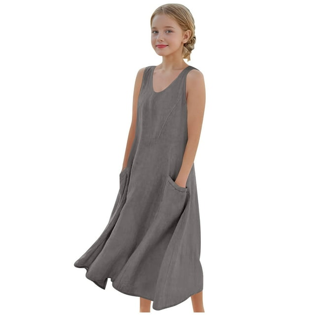 FAIWAD Robe d'Été en Coton et Lin pour Filles Sans Manches, Fluide, Robe Débardeur Ample pour Enfants avec Poches