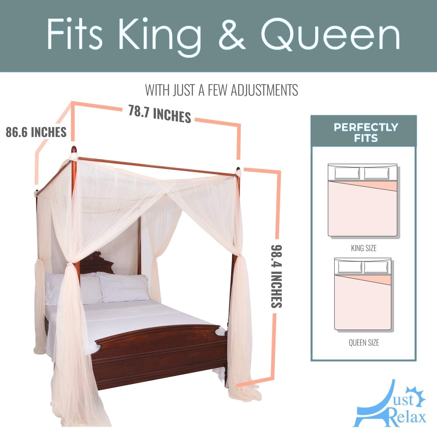 Just Relax Four Corner Post Bed Canopy Set With LED Lights and Remote, Beige, Full-Queen-King