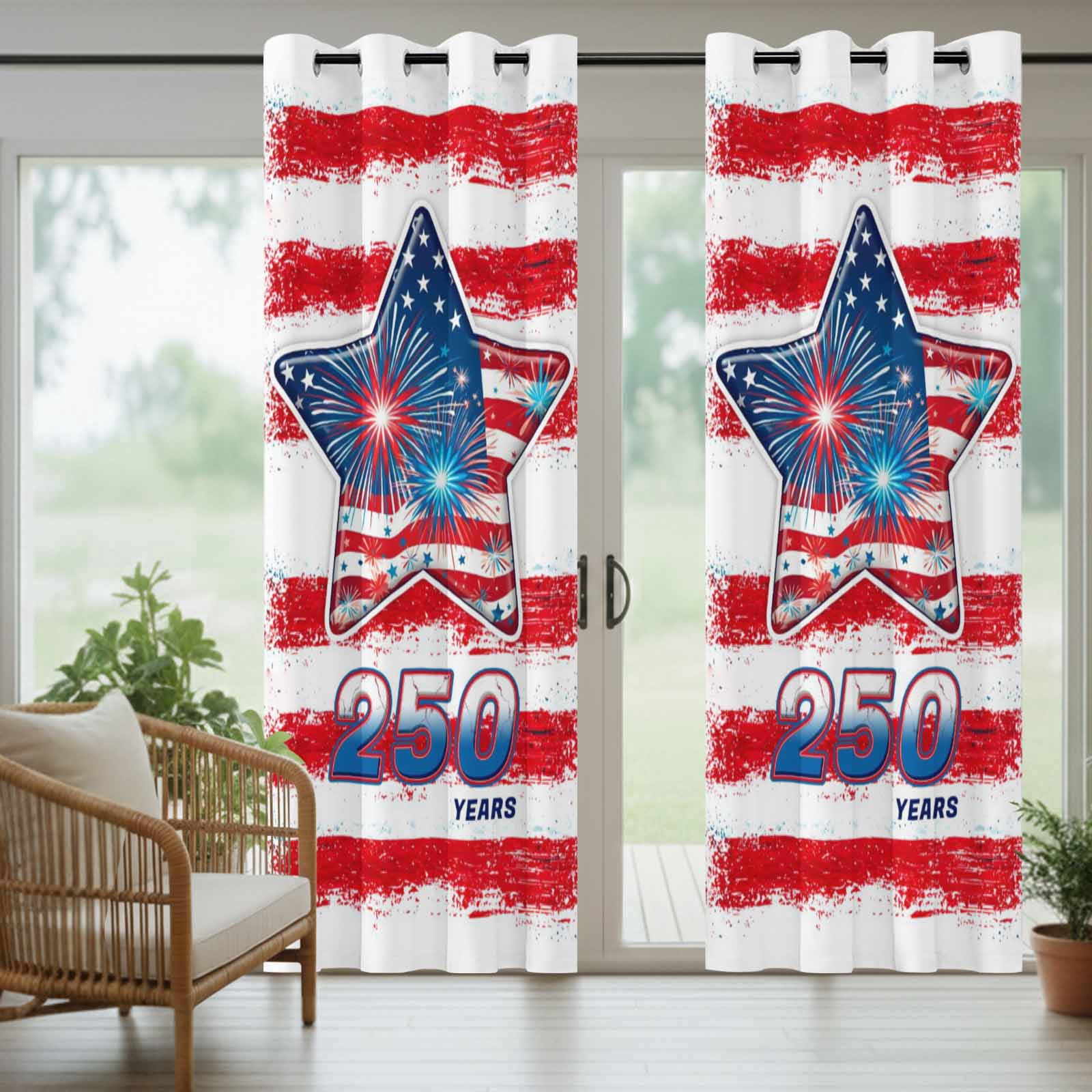250 Anniversary Outdoor Curtains for Patio, American Flag Fireworks Star Red Strip Sunshade Privacy Drapes Grommet Waterproof Outside Curtains for Porch/Cabana/Balcony 54"x 108", 1 Panel
