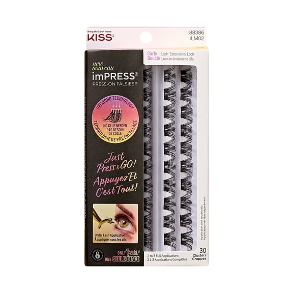 KISS imPRESS Falsies Self Adhesive Eyelashes, Curly, 10mm-12mm-14mm, 30 Lash Clusters