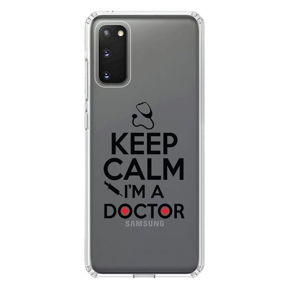 DistinctInk Clear Shockproof Hybrid Case for Galaxy S20 / S20 5G (6.2" Screen) - TPU Bumper Acrylic Back Tempered Glass Screen Protector - Keep Calm I'm A Doctor