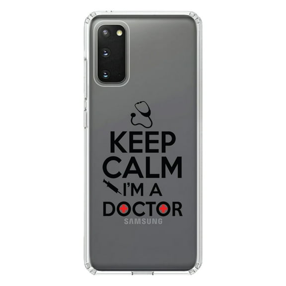 DistinctInk Clear Shockproof Hybrid Case for Galaxy S20 / S20 5G (6.2" Screen) - TPU Bumper Acrylic Back Tempered Glass Screen Protector - Keep Calm I'm A Doctor