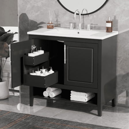 Taoruifang 36" Multi-functional Bathroom Vanity Cabinet with Sink, Black, MDF, Doors and Drawers