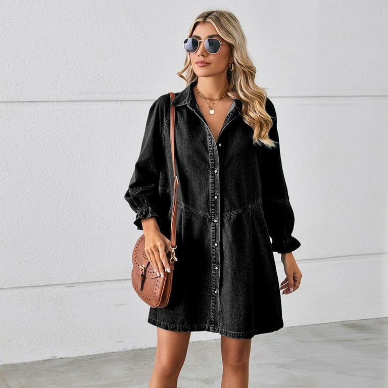 black denim shirt dress womens Nasty Gal Women's Denim Corset Shirt Dress in Washed Black