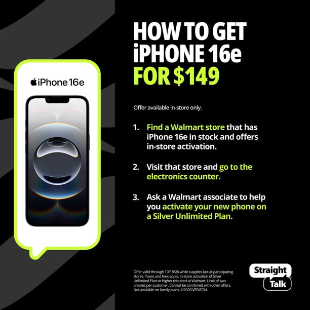 Straight Talk Apple iPhone 16e, 5G, 128GB, Black - Prepaid