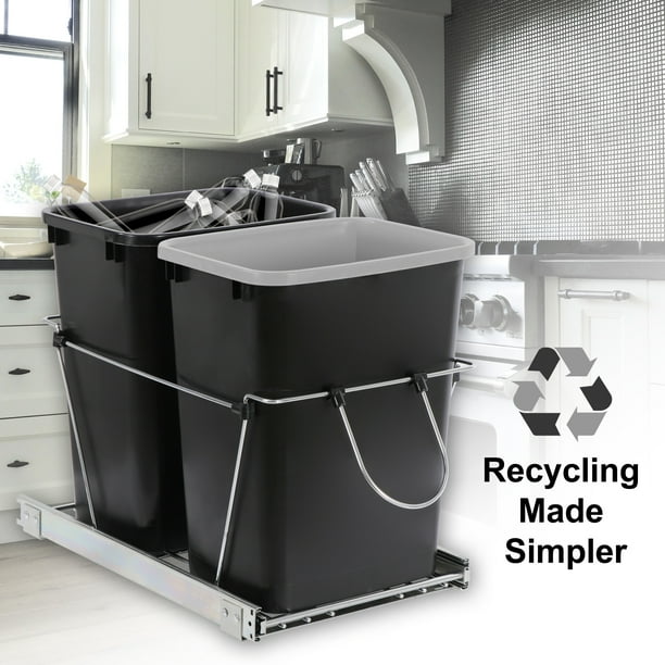 HomGarden Dual 35 Quart Pullout Trash Can, 8.7Gal Under Counter Kitchen Cabinet Waste Container, Recycling Bin, Soft Close Slides, Silver
