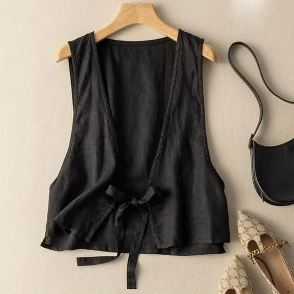 YOUSNH Womens Cotton Linen Vest Casual Loose V Neck Sleeveless Vests Jacke Waistcoat Vest for Women Black L