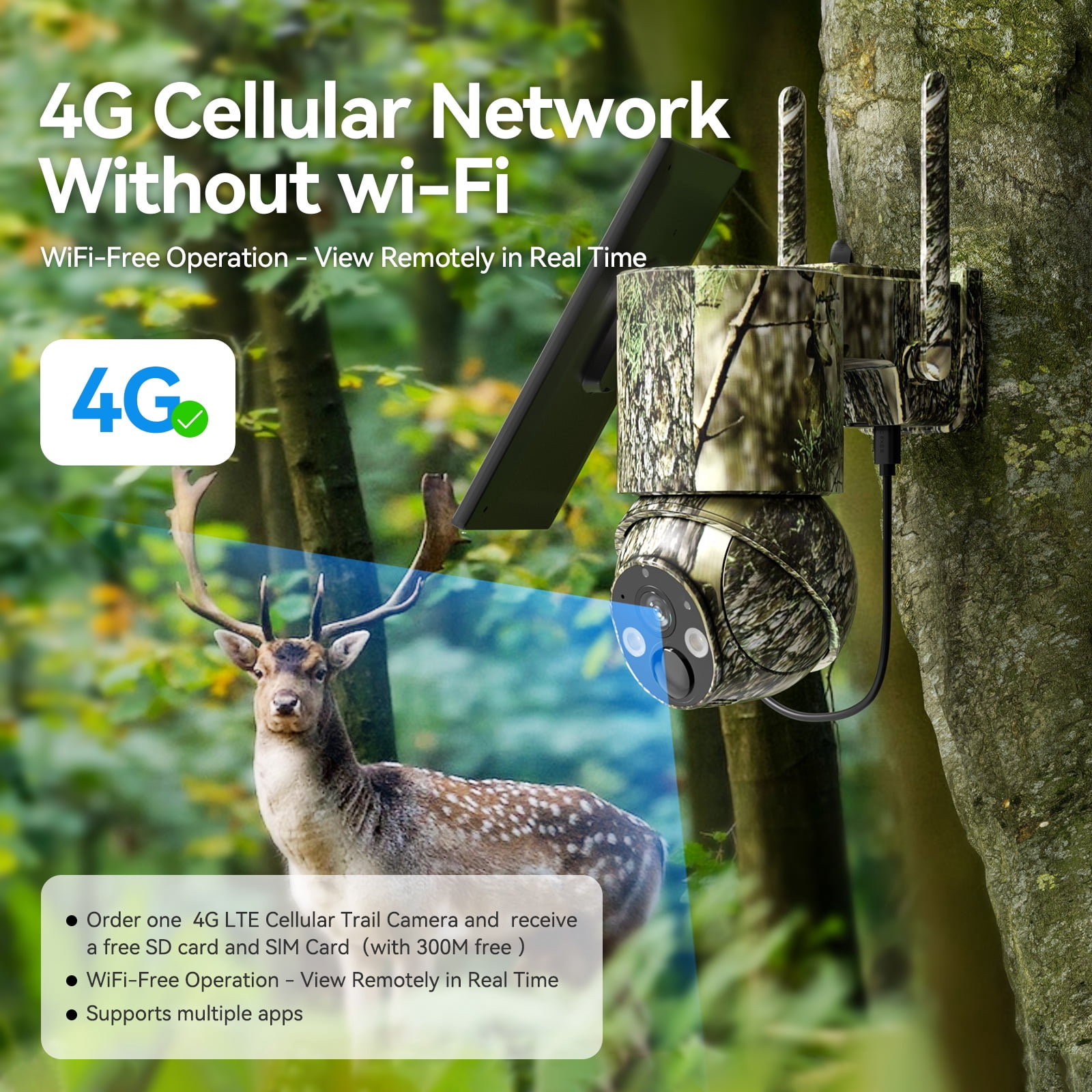4G Solar-Powered LTE Cellular Trail Camera , Color Night Vision, 2-Way Talk, 1920P UHD, 360°True Panoramic Vision, SD Card/Cloud storage, PIR Detection, Instant Alerts, Instant Communication