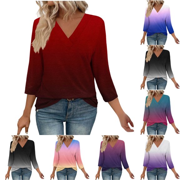 Women's V Neck 3/4 Sleeve T-Shirt Tops Blouses Tees Floral Print Loose Fit Casual Daily Wear Vacation Beach Fashion Essential Gift for Women | Aestivo,Black L