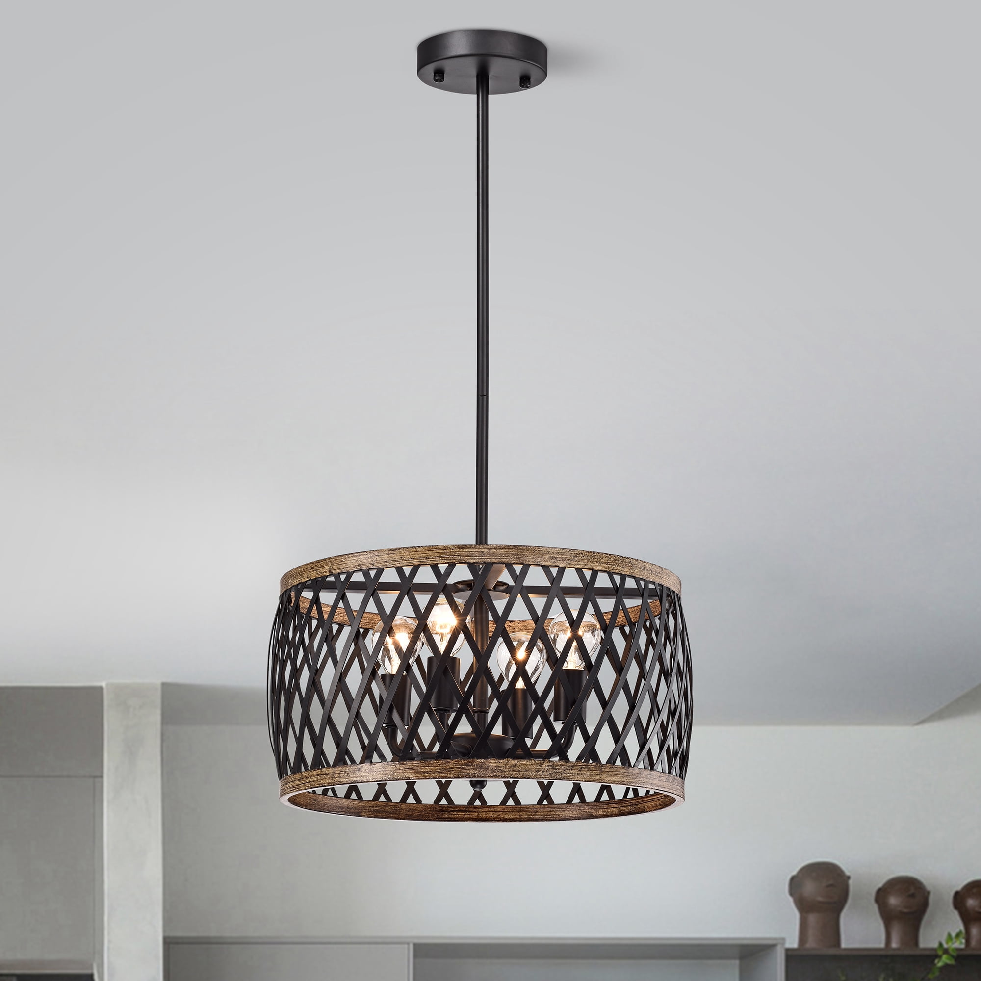 Warehouse of Tiffany Agustin Matte Black 4-Light Metal Geometric Drum Shade Chandelier
