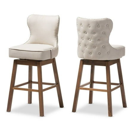 Logo Fabric Bar Stool - Baxton Studio Gradisca Modern and Contemporary Brown Wood Finishing and Light Beige Fabric Button-Tufted Upholstered Swivel Barstools, Set of 2